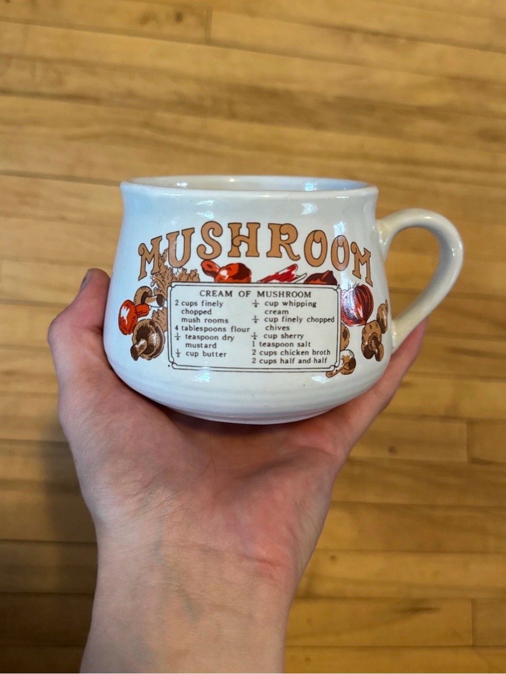 Cream of Mushroom Recipe Ceramic Soup Mug - White with Brown Accents
